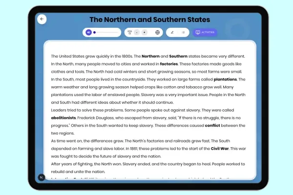 The Northern and Southern States - reading educational content