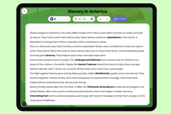Slavery in America - reading educational content