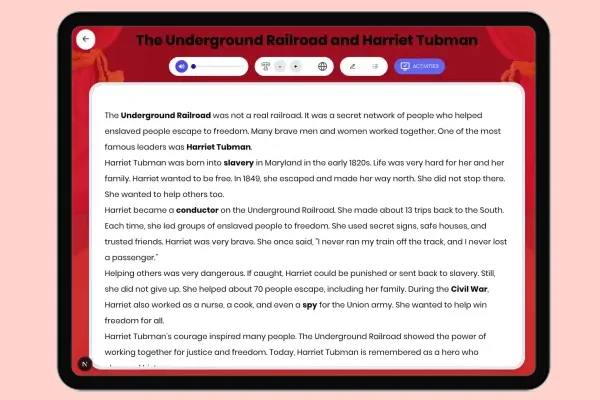 The Underground Railroad and Harriet Tubman - reading educational content