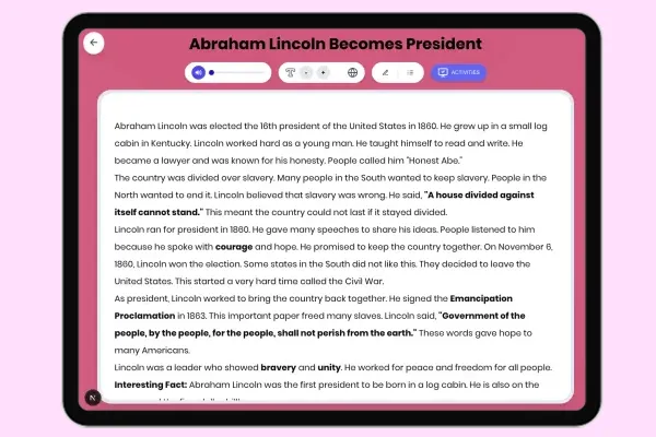 Abraham Lincoln Becomes President - reading educational content