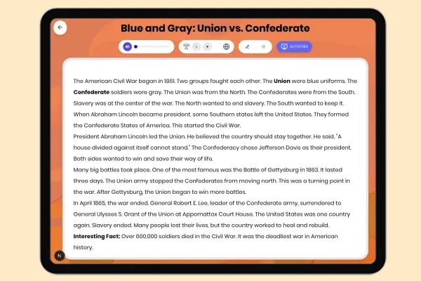 Blue and Gray: Union vs. Confederate - reading educational content