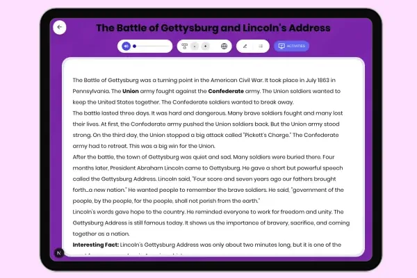 The Battle of Gettysburg and Lincoln's Address - reading educational content