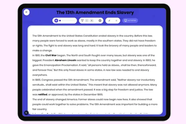 The 13th Amendment Ends Slavery - reading educational content