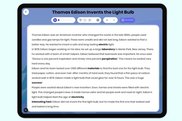 Thomas Edison Invents the Light Bulb - reading educational content