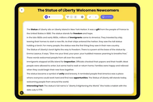 The Statue of Liberty Welcomes Newcomers - reading educational content
