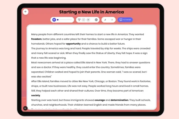 Starting a New Life in America - reading educational content