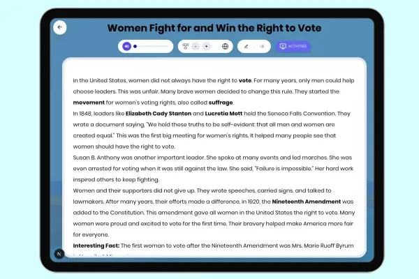 Women Fight for and Win the Right to Vote - reading educational content