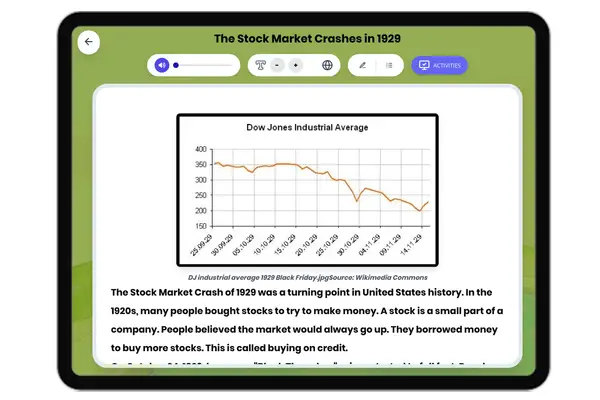 The Stock Market Crashes in 1929 - reading educational content