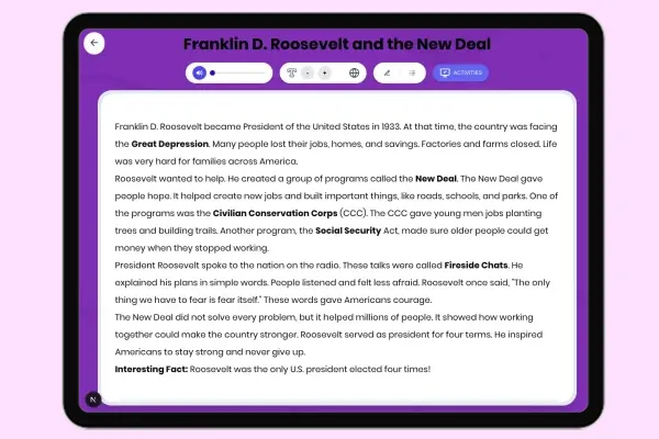 Franklin D. Roosevelt and the New Deal - reading educational content