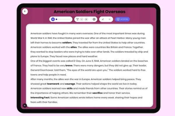 American Soldiers Fight Overseas - reading educational content