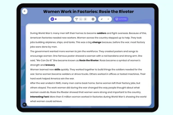 Women Work in Factories: Rosie the Riveter - reading educational content