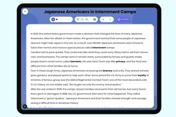 Japanese Americans in Internment Camps - reading educational content