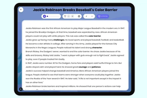 Jackie Robinson Breaks Baseball's Color Barrier - reading educational content