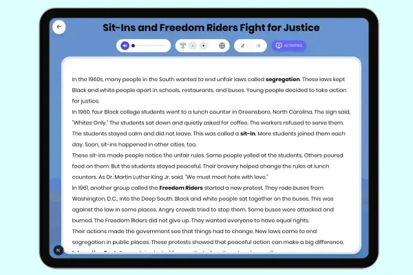 Sit-Ins and Freedom Riders Fight for Justice - reading educational content