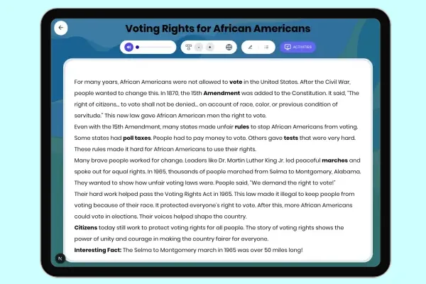 Voting Rights for African Americans - reading educational content