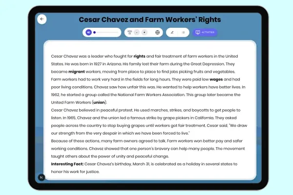 Cesar Chavez and Farm Workers' Rights - reading educational content