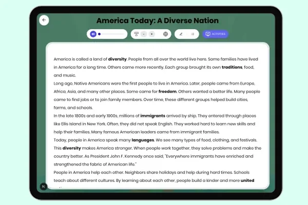 America Today: A Diverse Nation - reading educational content