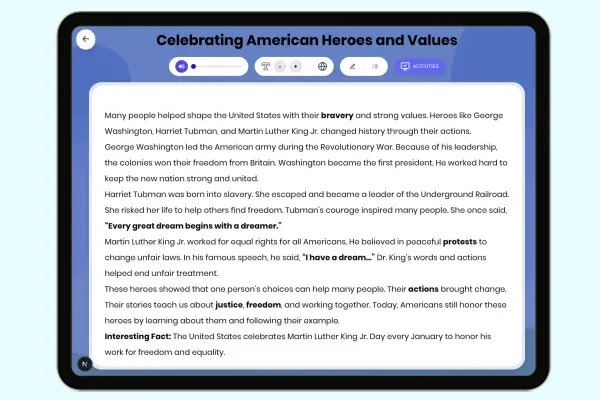 Celebrating American Heroes and Values - reading educational content