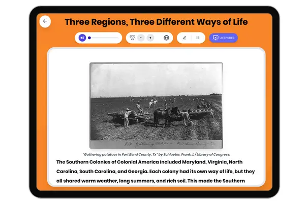 Life in the Southern Colonies - reading educational content