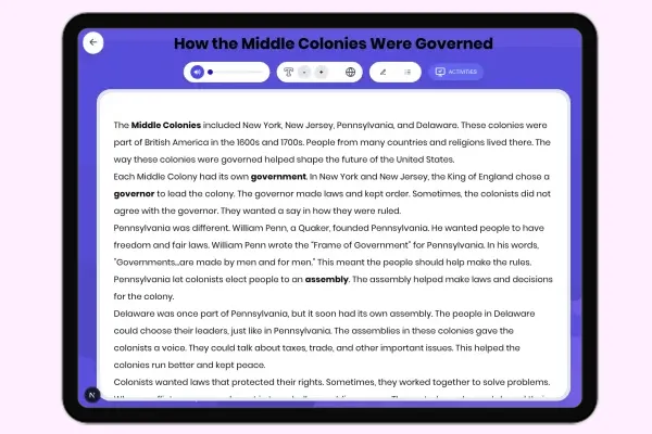 How the Middle Colonies Were Governed - reading educational content