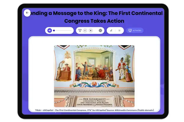Sending a Message to the King: The First Continental Congress Takes Action - reading educational content