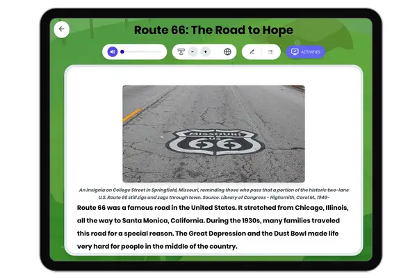 Route 66: The Road to Hope - reading educational content