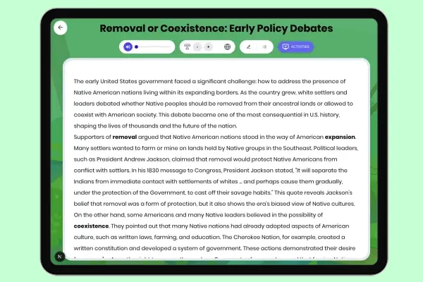 Removal or Coexistence: Early Policy Debates - reading educational content
