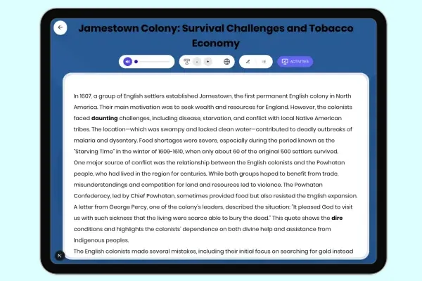 Jamestown Colony: Survival Challenges and Tobacco Economy - reading educational content