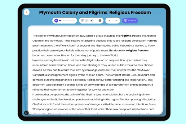 Plymouth Colony and Pilgrims' Religious Freedom - reading educational content