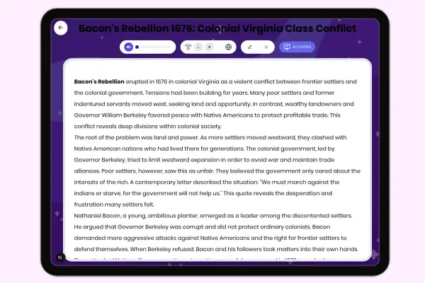 Bacon's Rebellion 1676: Colonial Virginia Class Conflict - reading educational content