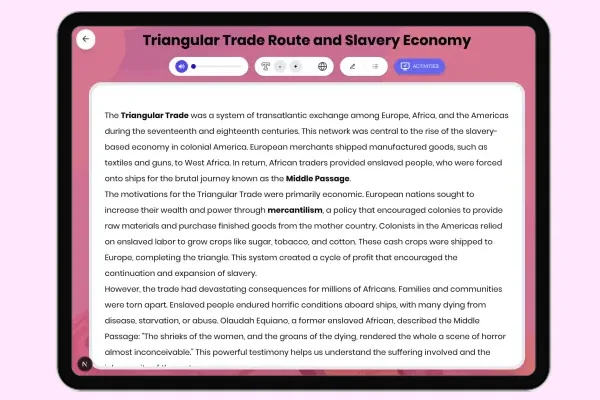 Triangular Trade Route and Slavery Economy - reading educational content