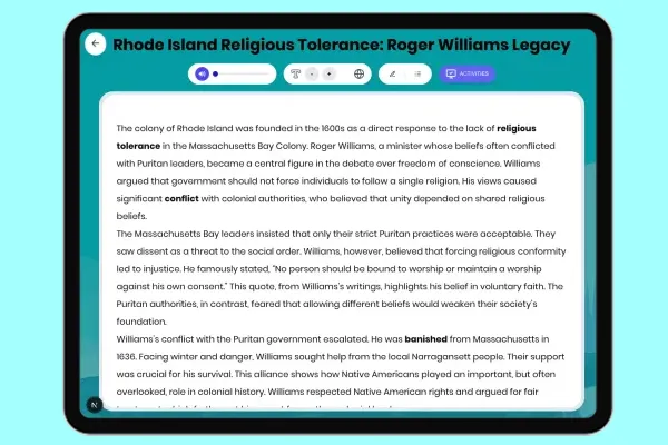 Rhode Island Religious Tolerance: Roger Williams Legacy - reading educational content