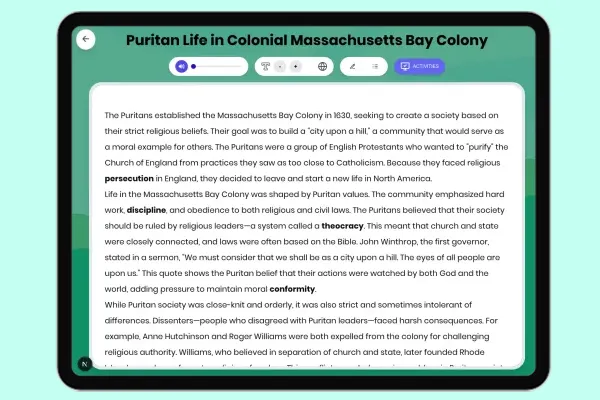 Puritan Life in Colonial Massachusetts Bay Colony - reading educational content