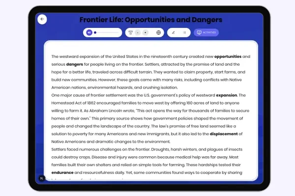 Frontier Life: Opportunities and Dangers - reading educational content