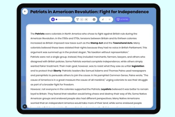 Patriots in American Revolution: Fight for Independence - reading educational content