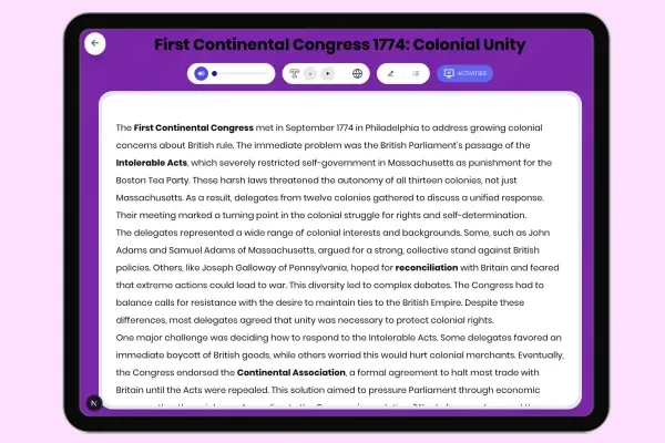 First Continental Congress 1774: Colonial Unity - reading educational content