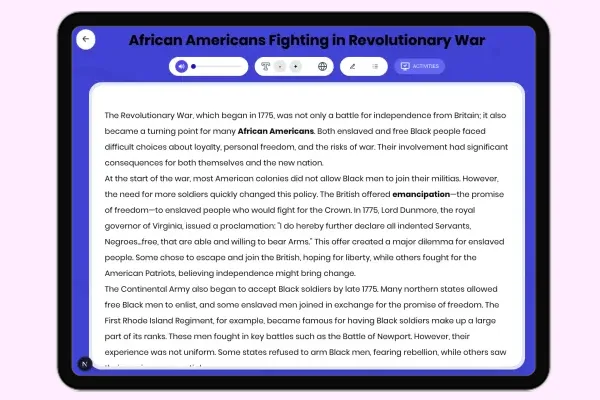 African Americans Fighting in Revolutionary War - reading educational content