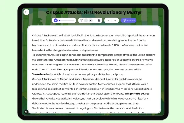 Crispus Attucks: First Revolutionary Martyr - reading educational content