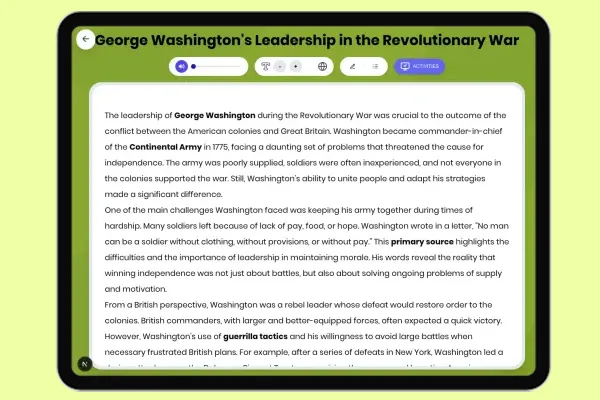 George Washington Leadership in Revolutionary War - reading educational content
