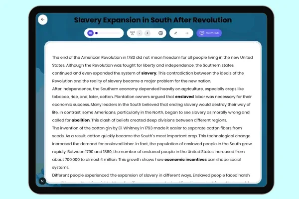 Slavery Expansion in South After Revolution - reading educational content