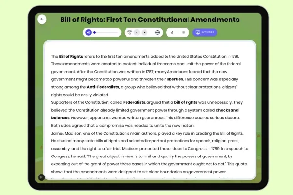 Bill of Rights: First Ten Constitutional Amendments - reading educational content