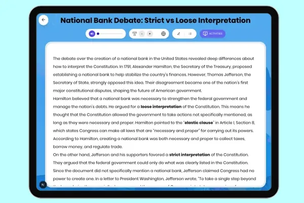 National Bank Debate: Strict vs Loose Interpretation - reading educational content