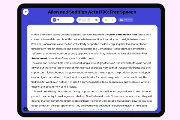 Alien and Sedition Acts 1798: Free Speech - reading educational content