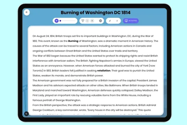 Burning of Washington DC 1814 - reading educational content