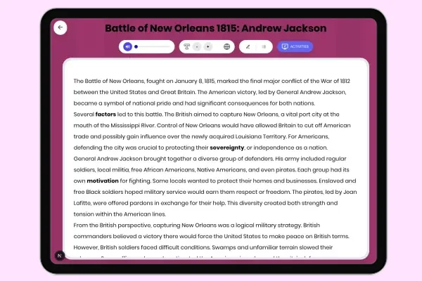 Battle of New Orleans 1815: Andrew Jackson - reading educational content