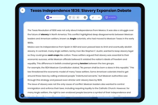 Texas Independence 1836: Slavery Expansion Debate - reading educational content
