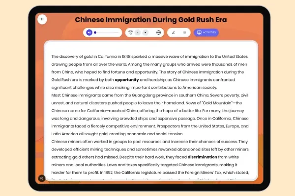 Chinese Immigration During Gold Rush Era - reading educational content