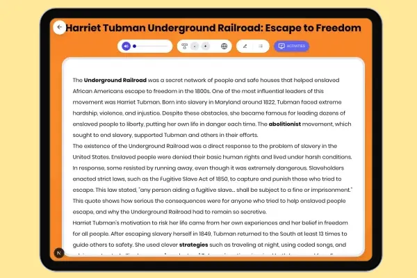 Harriet Tubman Underground Railroad: Escape to Freedom - reading educational content