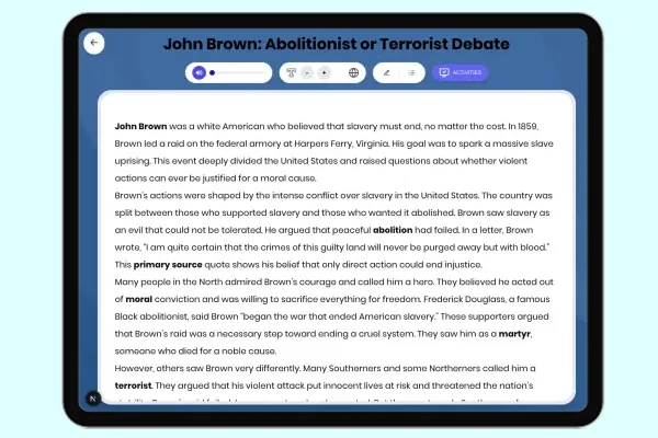 John Brown: Abolitionist or Terrorist Debate - reading educational content