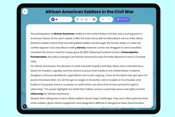 African American Soldiers in Civil War - reading educational content